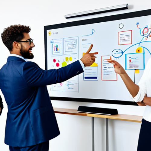 A diverse group of professionals in modest, contemporary business attire, actively collaborating in a vibrant, modern virtual meeting space. They are seen brainstorming on a large, interactive digital whiteboard with colorful sticky notes and diagrams, resembling a Miro or Mural board. Each person is deeply engaged, some gesturing towards the screen, others focused on their individual screens, all displaying well-formed hands and correct proportions. The background is a clean, bright, and professional virtual environment, with subtle elements of digital connectivity. This image conveys dynamic interaction and innovative teamwork. Fully clothed, appropriate attire, safe for work, perfect anatomy, natural pose, professional, high quality studio lighting, detailed, clear focus.