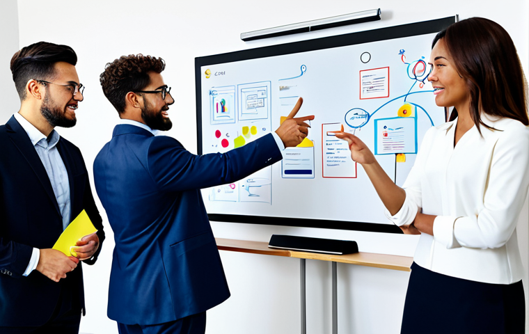 A diverse group of professionals in modest, contemporary business attire, actively collaborating in a vibrant, modern virtual meeting space. They are seen brainstorming on a large, interactive digital whiteboard with colorful sticky notes and diagrams, resembling a Miro or Mural board. Each person is deeply engaged, some gesturing towards the screen, others focused on their individual screens, all displaying well-formed hands and correct proportions. The background is a clean, bright, and professional virtual environment, with subtle elements of digital connectivity. This image conveys dynamic interaction and innovative teamwork. Fully clothed, appropriate attire, safe for work, perfect anatomy, natural pose, professional, high quality studio lighting, detailed, clear focus.